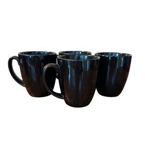Corelle Coordinates Stoneware BLACK Coffee Mugs Cups Set of 4 Glossy